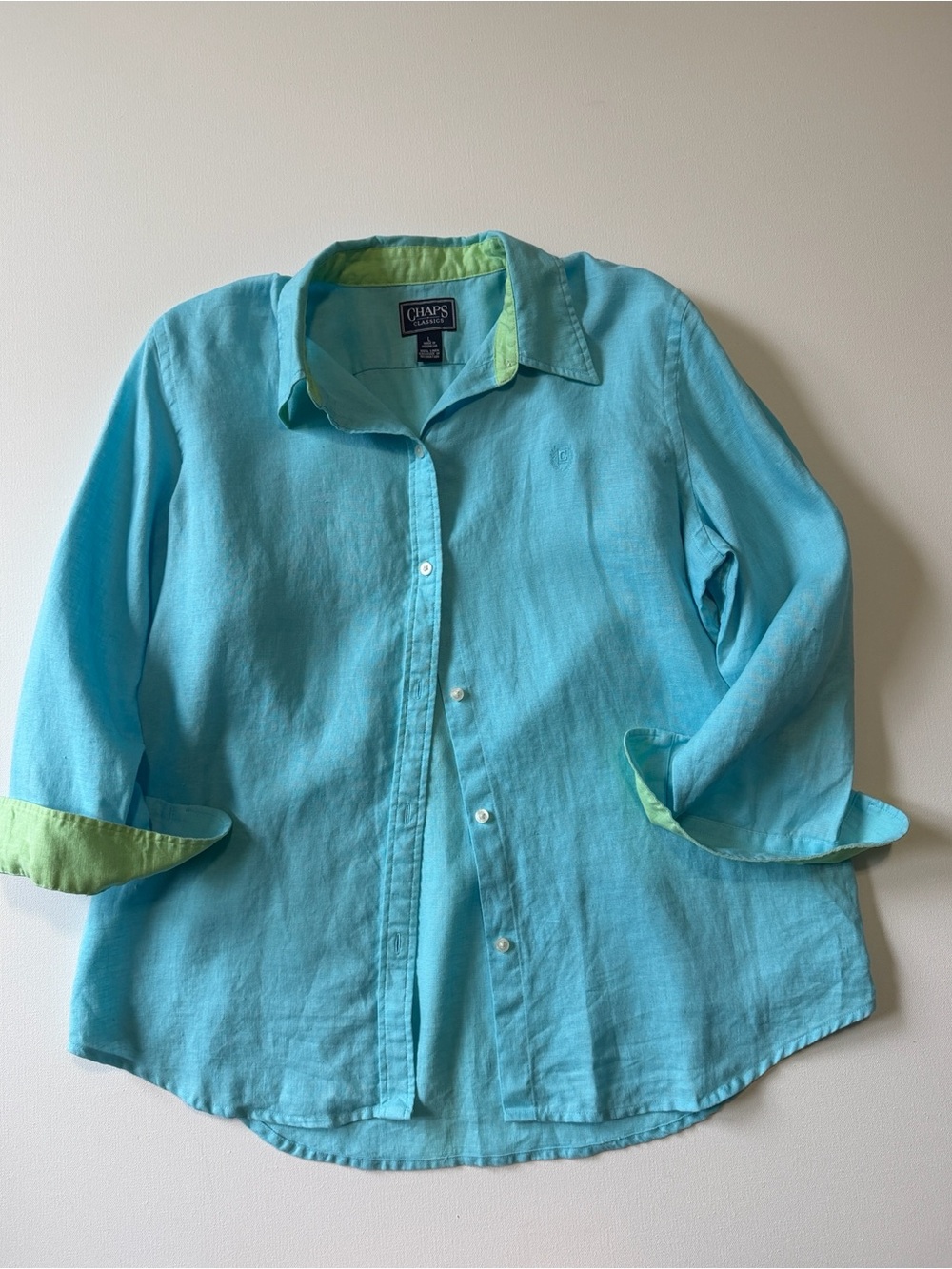 Chaps Women’s 100% Linen Aqua Button-Down Shirt with Lime Trim - L